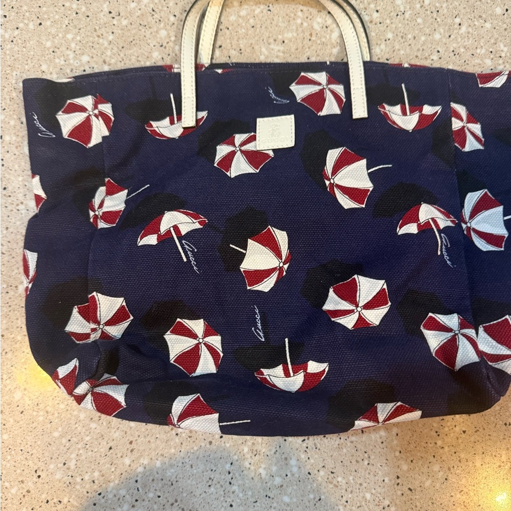 Gucci Navy Umbrella Print Canvas Tote with white leather Handles